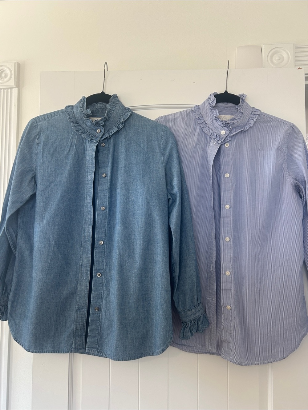 J.Crew Set of 2 Classic Women's Denim Blue & Light Blue Ruffle Collar Shirts